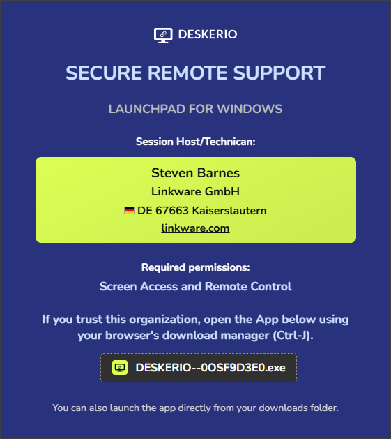 DESKERIO Launchpad after completed download – remote support session ready