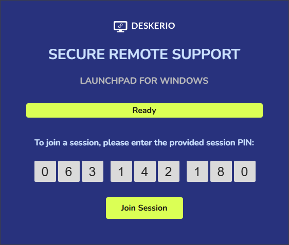 DESKERIO Launchpad – enter session PIN for remote support via browser