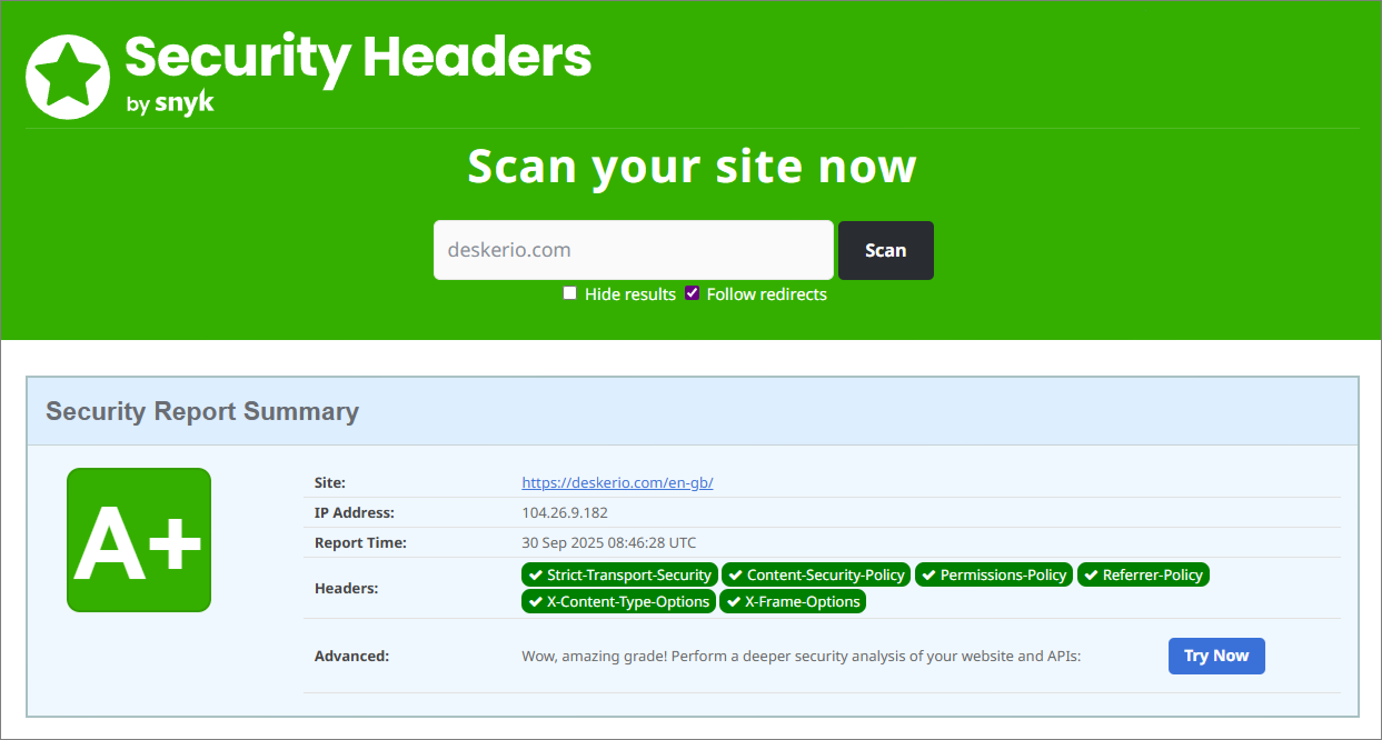 A+ ranking for deskerio.com at SecurityHeaders.com – HTTP security headers